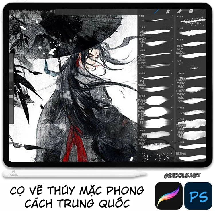 Bộ cọ Thủy Mặc cho Procreate & Photoshop: Bút Lông Đi Nét, Vẩy Mực và Loan Màu CP412
