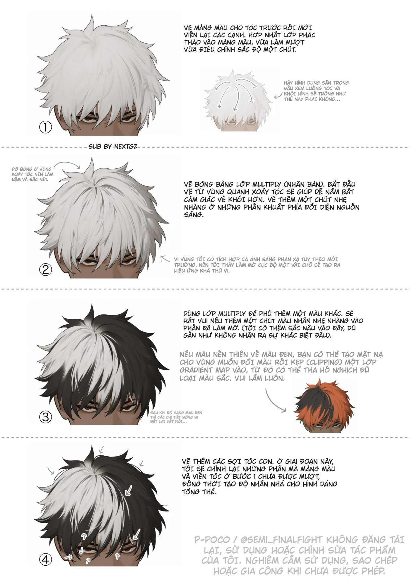 Cách tô tóc anime trắng đen tương phản: quy trình 4 bước sạch và có chiều sâu